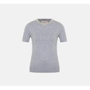 NEW THEO THE LABEL women's jewel neck sweater tee in heather grey